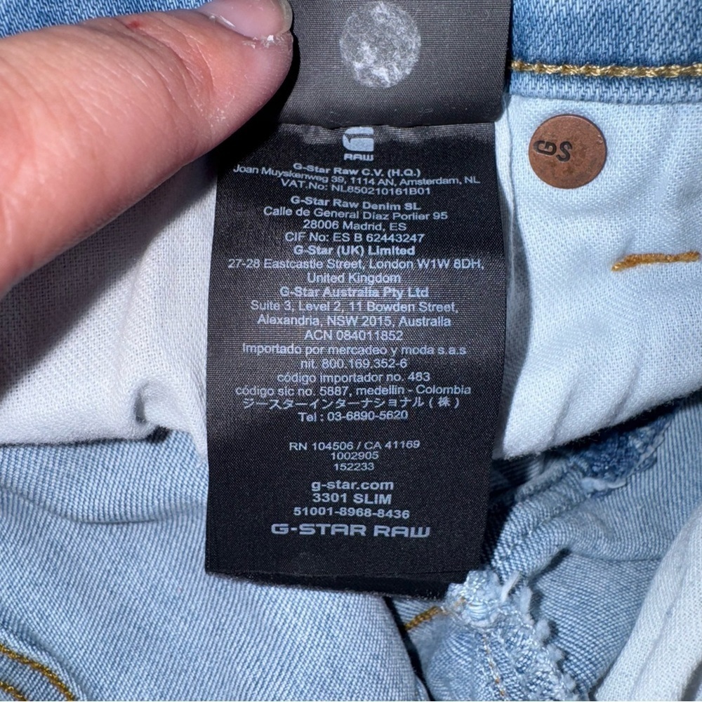 G STAR Raw 3301 Slim Light Blue Button Fly Jeans Skater Pants Size 29 X 30 - Picture 12 of 14